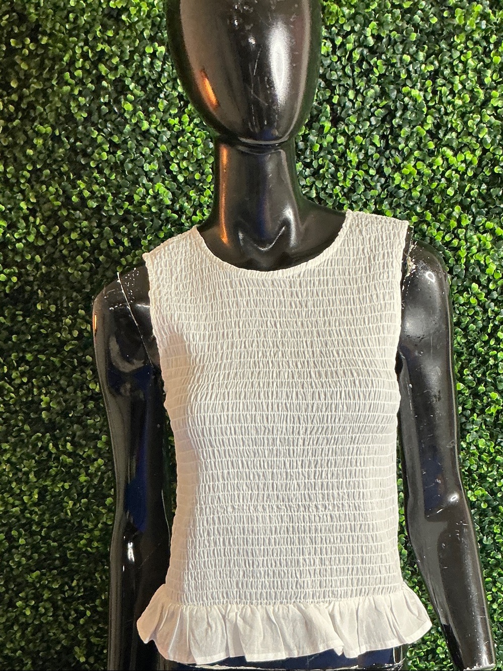 Smocked White Ruffle-Hem Tank Top